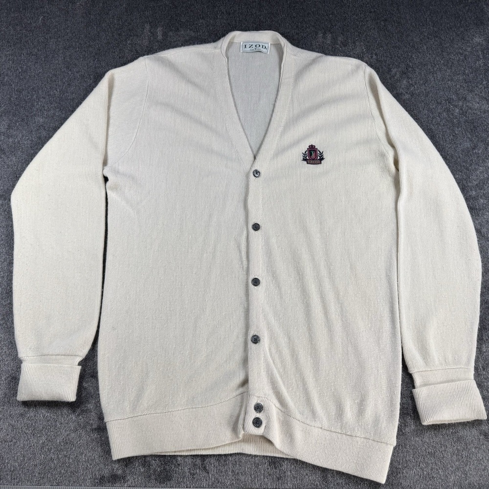 Vintage IZOD Men's Cardigan Sweater Size Medium Ivory Acrylic‎ Grandpa Golf